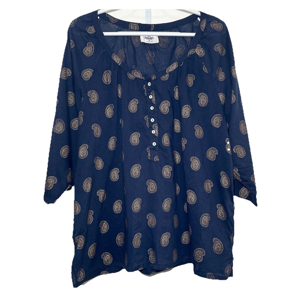 Taco Paisley Cotton Gauze Boho Blouse Navy Relaxed Fit Medium Flowy Airy Relaxed